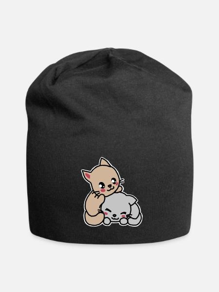 Two cute cats, kawaii, cartoon - Jersey Beanie - black