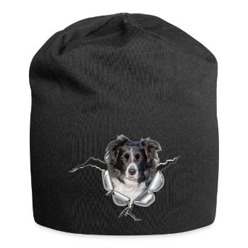 Border Collie im *Metall-Loch* - Jersey-Beanie - Schwarz - Vorne