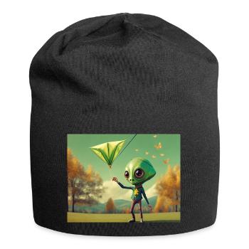 cute little green retro vintage alien fly a kite - Jersey Beanie - black - Front