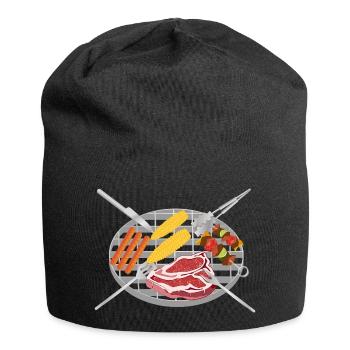 BBQ-Motiv – Grillrost mit Steaks, Spießen & Zubehö - Jersey-Beanie - Schwarz - Vorne
