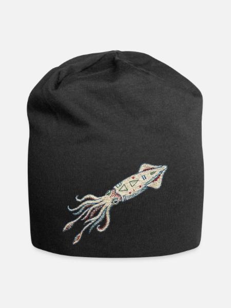 Bestickter Tintenfisch – Meeresmotiv (gedruckt) - Jersey-Beanie - Schwarz