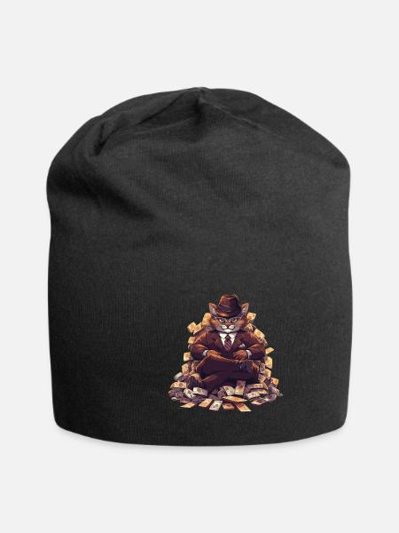 Gangster Cat Dressed In A Stylish Suit And Cash - Jersey Beanie - black