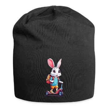 Cheerful Schoolchild Bunny Kick Scooter Design - Jersey Beanie - black - Front
