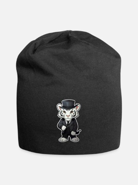cute white tiger wearing a black suit and hat - Jersey Beanie - black