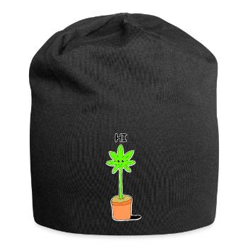 Cute Kawaii Weed Plant says Hi Illustration - Jersey Beanie - black - Front