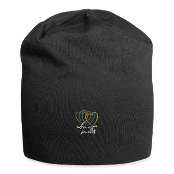 Liebe ist alles. Verschlungene bunte große Herzen - Jersey-Beanie - Schwarz - Vorne