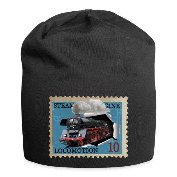 Briefmarke Dampflokomotive - Jersey-Beanie - Schwarz - Vorne