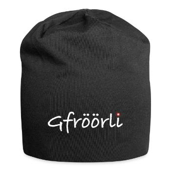 Gfröörli | Schweiz, Dialekt, Fondue, Tourismus - Jersey-Beanie - Schwarz - Vorne