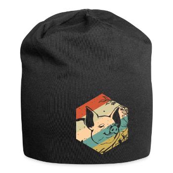 Fröhliches Retro Vintage Schwein Blumen - Jersey-Beanie - Schwarz - Vorne