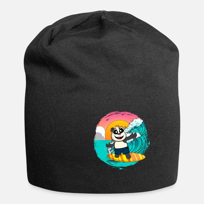 Panda Riding A Surfboard Catching Waves - Jersey Beanie - black