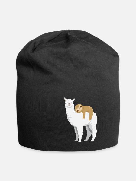 Llama Alpaca Sloth Sleeps On Llama Funny Sweet - Jersey Beanie - black