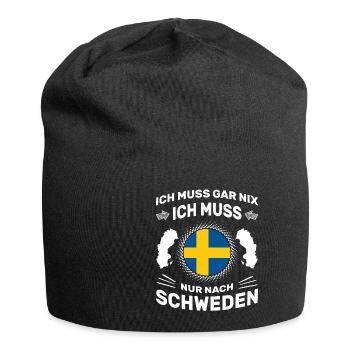 Spruch Ich muss gar nix Ich muss nur nach Schweden - Jersey-Beanie - Schwarz - Vorne