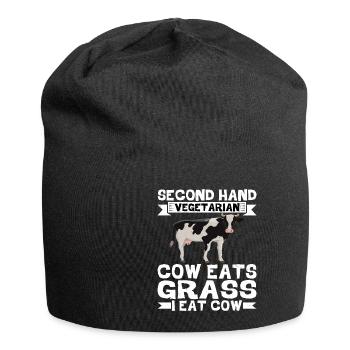 Second Hand Vegetarian, Cow Eats Grass, I Eat Cow2 - Jersey-Beanie - Schwarz - Vorne