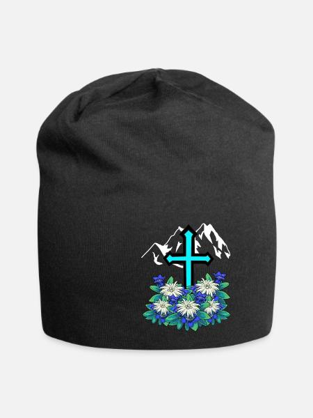 Alpen Gebirge Kreuz Enzian Edelweiß Berg Natur - Jersey-Beanie - Schwarz