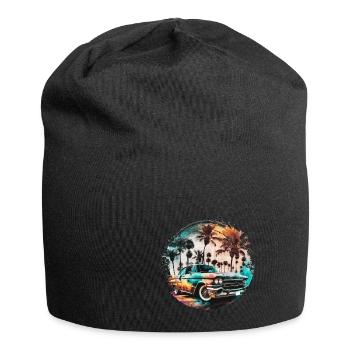 Lowrider im Sonnenuntergang mit Palmen am Strand - Jersey-Beanie - Schwarz - Vorne
