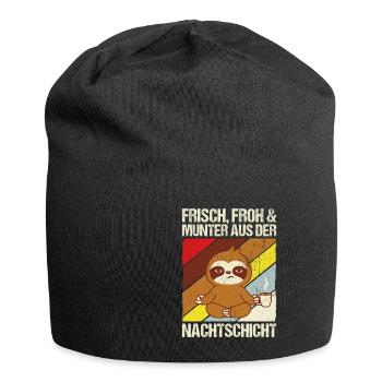 Frisch froh und munter aus der Nachtschicht! Pfleg - Jersey-Beanie - Schwarz - Vorne