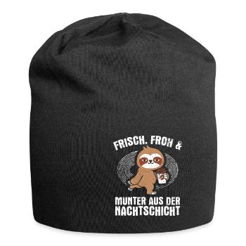 Frisch froh und munter aus der Nachtschicht! Pfleg - Jersey-Beanie - Schwarz - Vorne