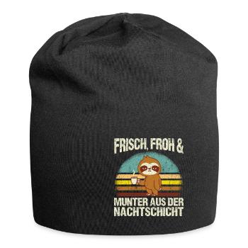 Frisch froh und munter aus der Nachtschicht! Pfleg - Jersey-Beanie - Schwarz - Vorne