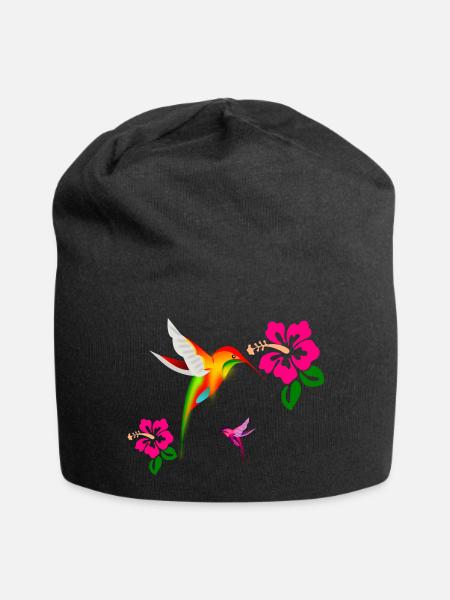 Bunter Kolibri im Hibiskusduett - Jersey-Beanie - Schwarz