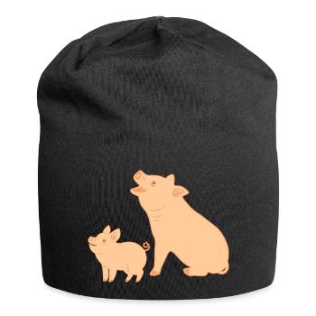 Mutterschwein mit Ferkel - Jersey-Beanie - Schwarz - Vorne