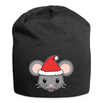 Weihnachtsmaus mit Santa-Hut - Jersey-Beanie - Schwarz - Vorne