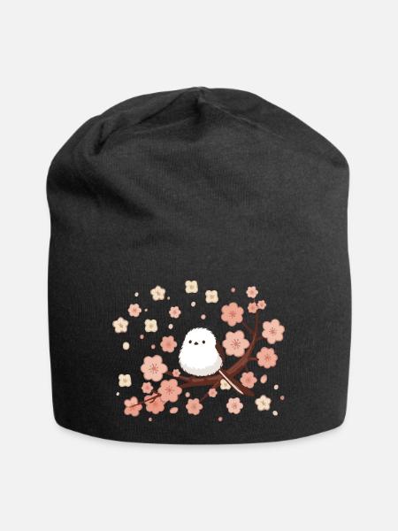 Süße Schwanzmeise im Kirschblütenbaum - Jersey-Beanie - Schwarz
