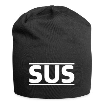 Sus | verdächtig, suspekt, YouTube, Jugendsprache - Jersey-Beanie - Schwarz - Vorne