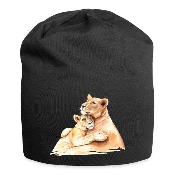 Liebevolle Löwen - Mama und Kind umarmen sich - Jersey-Beanie - Schwarz - Vorne