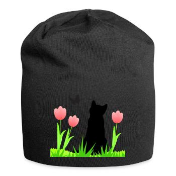 Frühlingsdesign - Katze, Tulpen, Schmetterling - Jersey-Beanie - Schwarz - Vorne