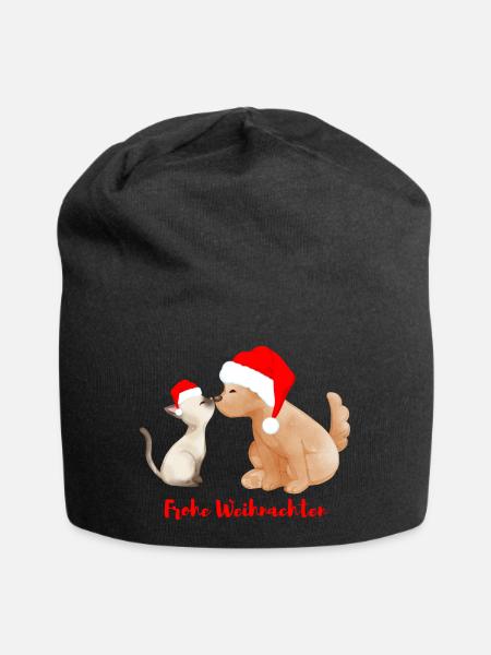 Hund und Katze - Frohe Weihnachten - Jersey-Beanie - Schwarz