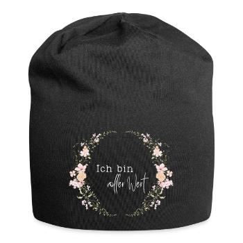Ich bin voller Wert - Blumenkranz - Zur Geburt - Jersey-Beanie - Schwarz - Vorne