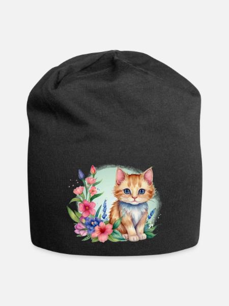 Kätzchen in einer Blumenwiese - Jersey-Beanie - Schwarz