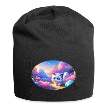 Eine süße Anime Katze in einem bunten Wolkengarten - Jersey-Beanie - Schwarz - Vorne