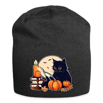Black cat in Halloween mood - Jersey Beanie - charcoal grey - Front