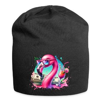 Pinker Flamingo mit Sonnenbrille und Cocktail - Jersey-Beanie - Schwarz - Vorne
