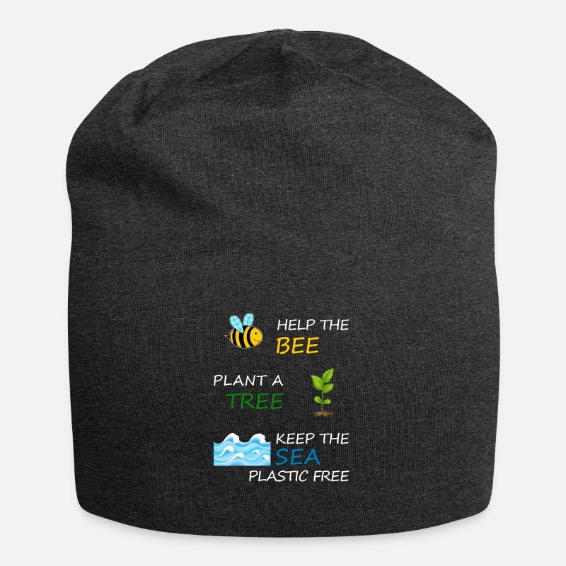 Help the bee, plans a tree and plastic free sea - Jersey Beanie - charcoal grey