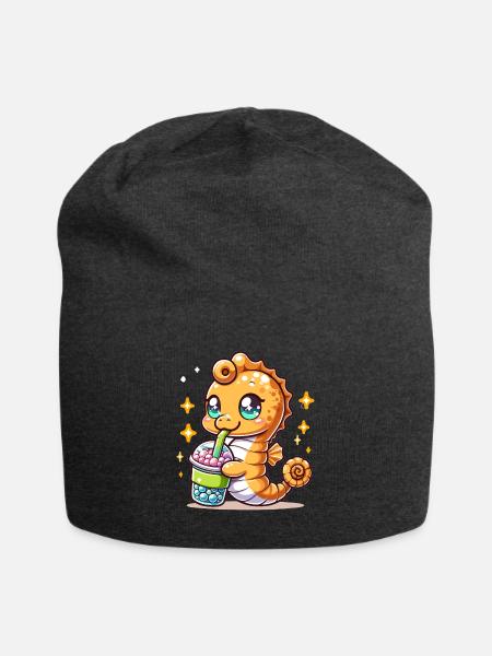 Kawaii Seepferdchen genießt Bubble Tea Meerestier Boba - Jersey-Beanie - Anthrazit