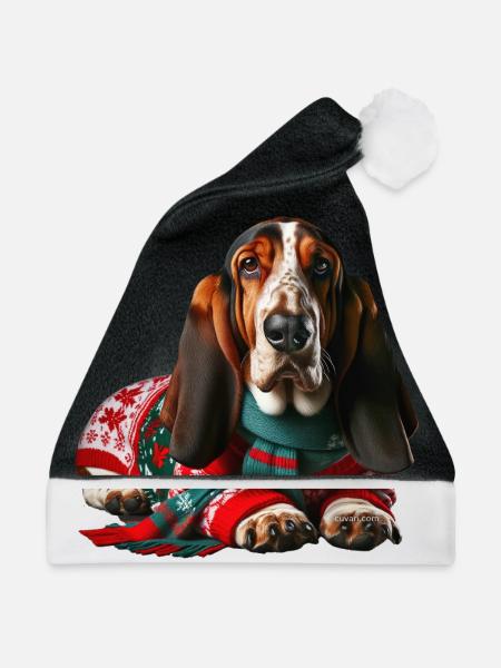 Basset Weihnachten - Weihnachtsmütze - Schwarz/Weiß - Vorne