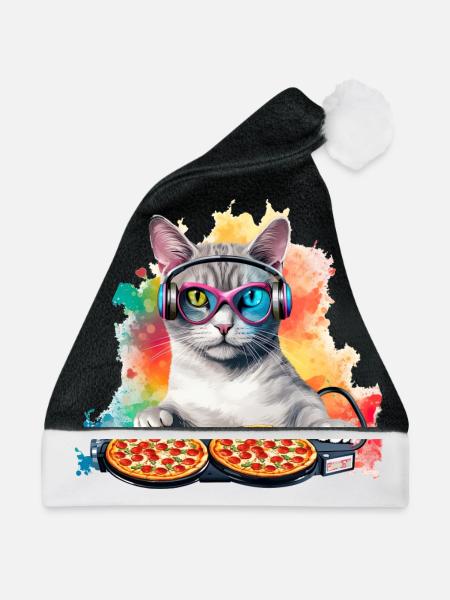 Weltraum Katze Pizza Discjockey - Interstellar - Weihnachtsmütze - Schwarz/Weiß - Vorne
