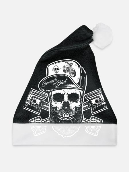 Simson S51 - Gemisch im Blut - Schrauber Skull - Weihnachtsmütze - Schwarz/Weiß - Vorne