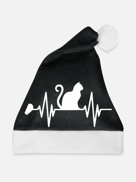 Katze - Heartbeat mit Herz - Tierliebe - Weihnachtsmütze - Schwarz/Weiß - Vorne