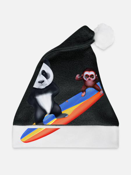 Surfender Panda und Affe - Weihnachtsmütze - Schwarz/Weiß