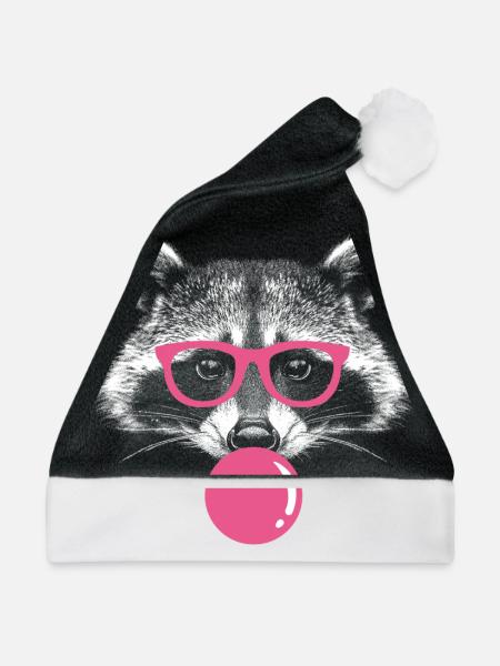 Waschbär bläst Kaugummi - Süßer Kaugummi Waschbär - Weihnachtsmütze - Schwarz/Weiß - Vorne