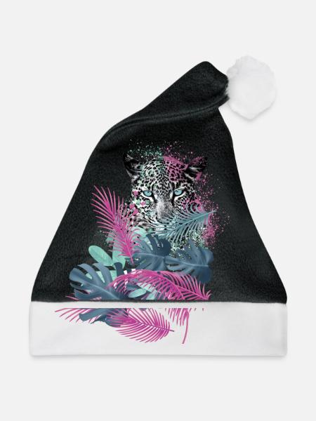 leopard, katze,wildkatze,malerei,blätter,dschungel - Weihnachtsmütze - Schwarz/Weiß