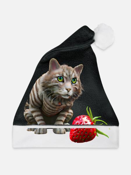 Katze vor riesiger Erdbeere - Weihnachtsmütze - Schwarz/Weiß - Vorne