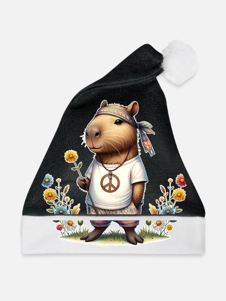 Capybara Hippie Peace - Weihnachtsmütze - Schwarz/Weiß - Vorne