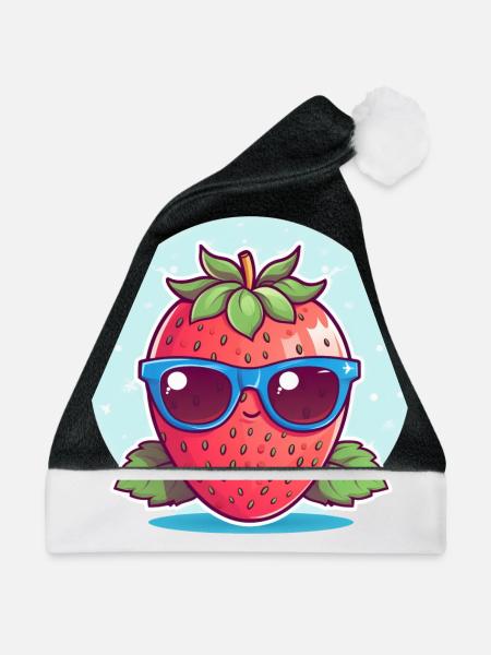Kawaii Erdbeere im Sunset: Cool & Fruchtig - Weihnachtsmütze - Schwarz/Weiß - Vorne