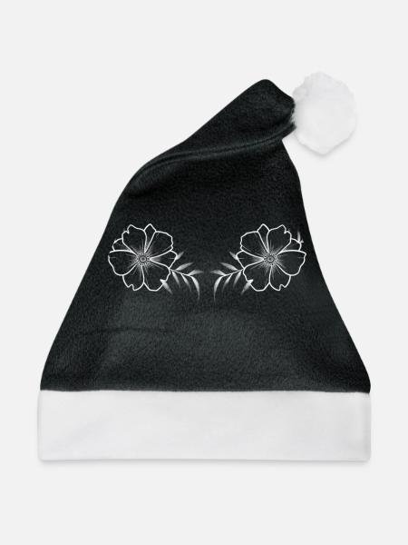 Floral White Line Art & Dotwork - Weihnachtsmütze - Schwarz/Weiß - Vorne
