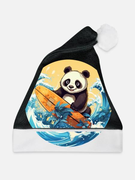 Surfender Panda beim Sonnenuntergang - Weihnachtsmütze - Schwarz/Weiß