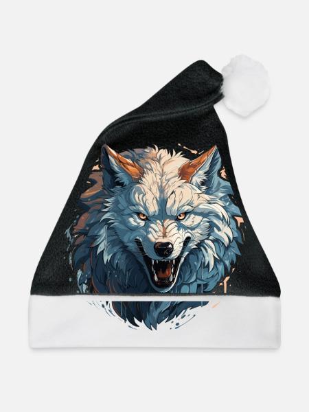 Wolf - Illustration - Weihnachtsmütze - Schwarz/Weiß